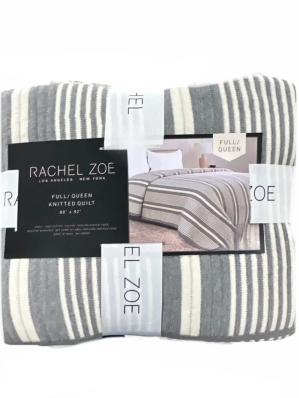 Rachel Zoe Gary and White Striped Cotton Knitted Queen Quilt 88”x92”